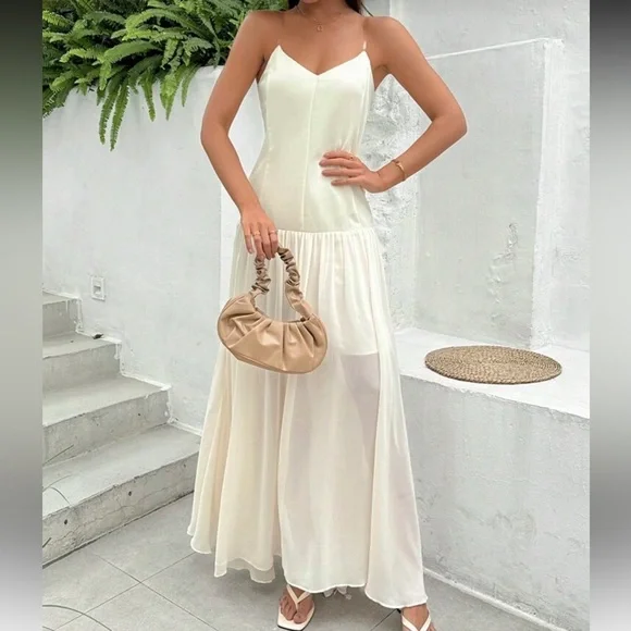 White ivory mesh drop waist clear spaghetti strap maxi flowy dress - Picture 4 of 5